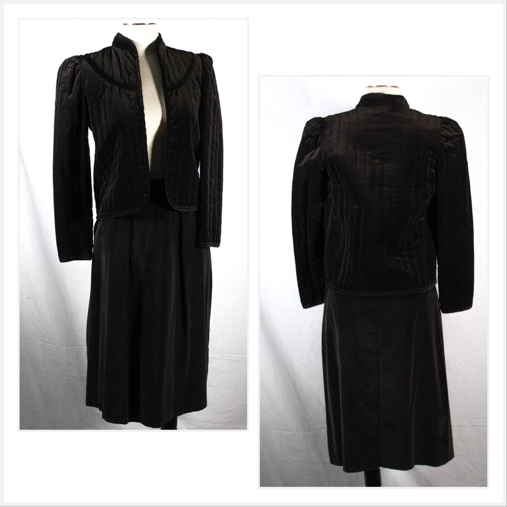 Vintage 1960s 1970s Black Brown Hued Velveteen Skirt Suit Set